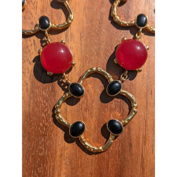 VTG Art Deco Coloured Black Red Beads Gold Tone Clover Statement Necklace Rare - Picture 4 of 12
